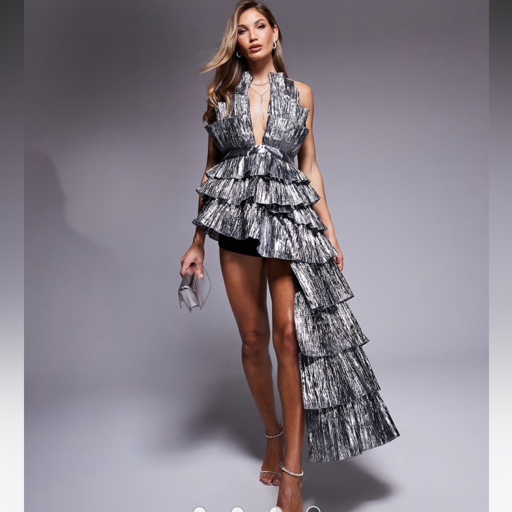 ASOS LUXE pleated metallic halter asymmetric draped top in silver - Size 4